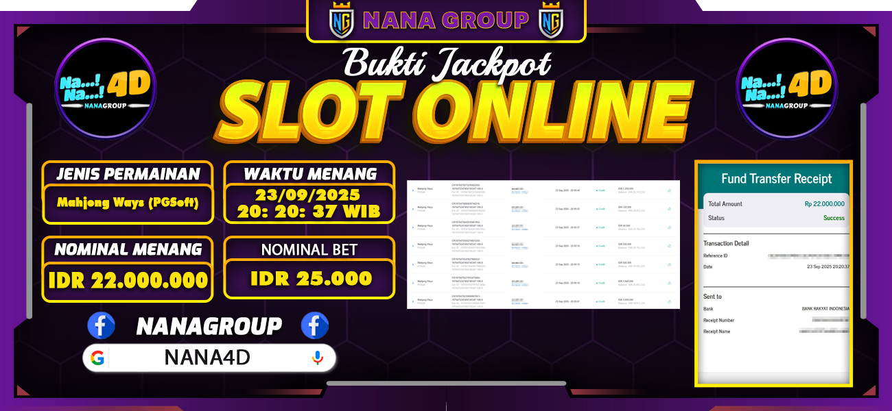 Bukti Kemenangan Besar Dibayar lunas Member NANA4D RP 22.000.000, 20 September 2025